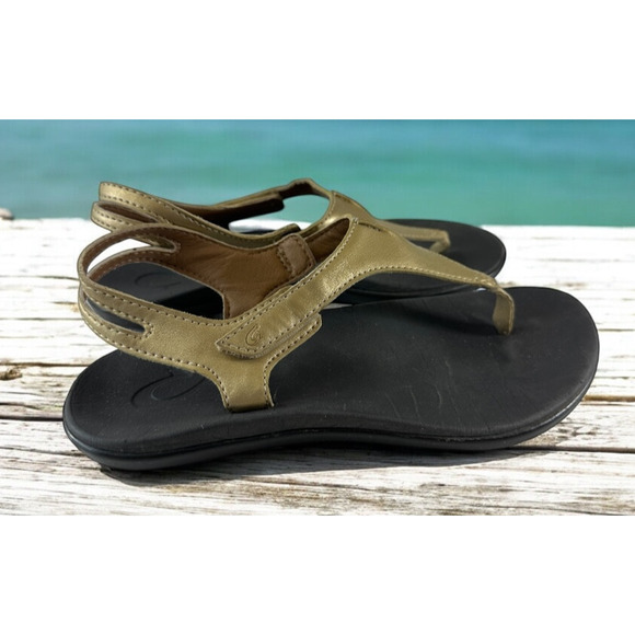 OluKai Comfort Eheu Slingback Thong Sandals Gold Metallic V-Strap Girls Size 3 - Picture 12 of 12